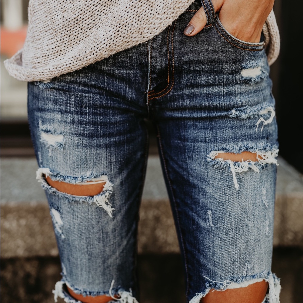 Distressed Denim Ankle Skinny Dark Wash Jeans - Picture 3 of 9